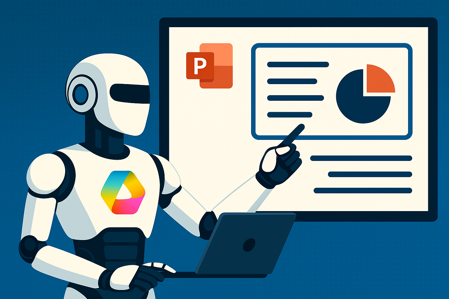Robot IA utilisant Copilot pour créer une présentation PowerPoint avec graphique et contenu structuré.
