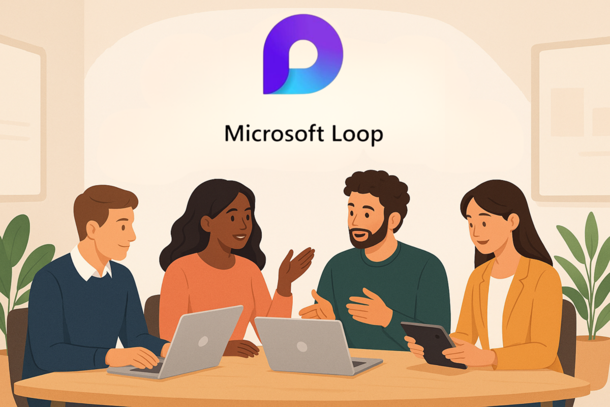 Réunion collaborative avec ordinateurs et tablettes, illustrant Microsoft Loop et ses intégrations dans Microsoft 365