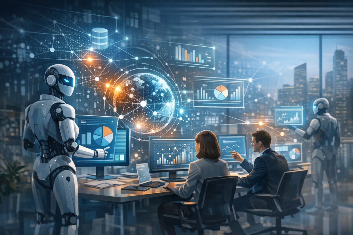 Illustration représentant des Agents IA analysant des données en temps réel et accompagnant les équipes dans la prise de décision en entreprise.