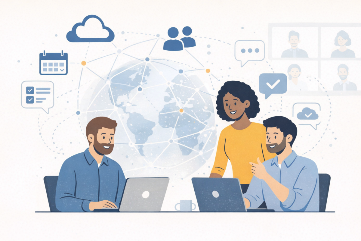 Illustration représentant un environnement de digital workplace avec des outils collaboratifs, des flux de communication et un travail connecté au sein d’une organisation.