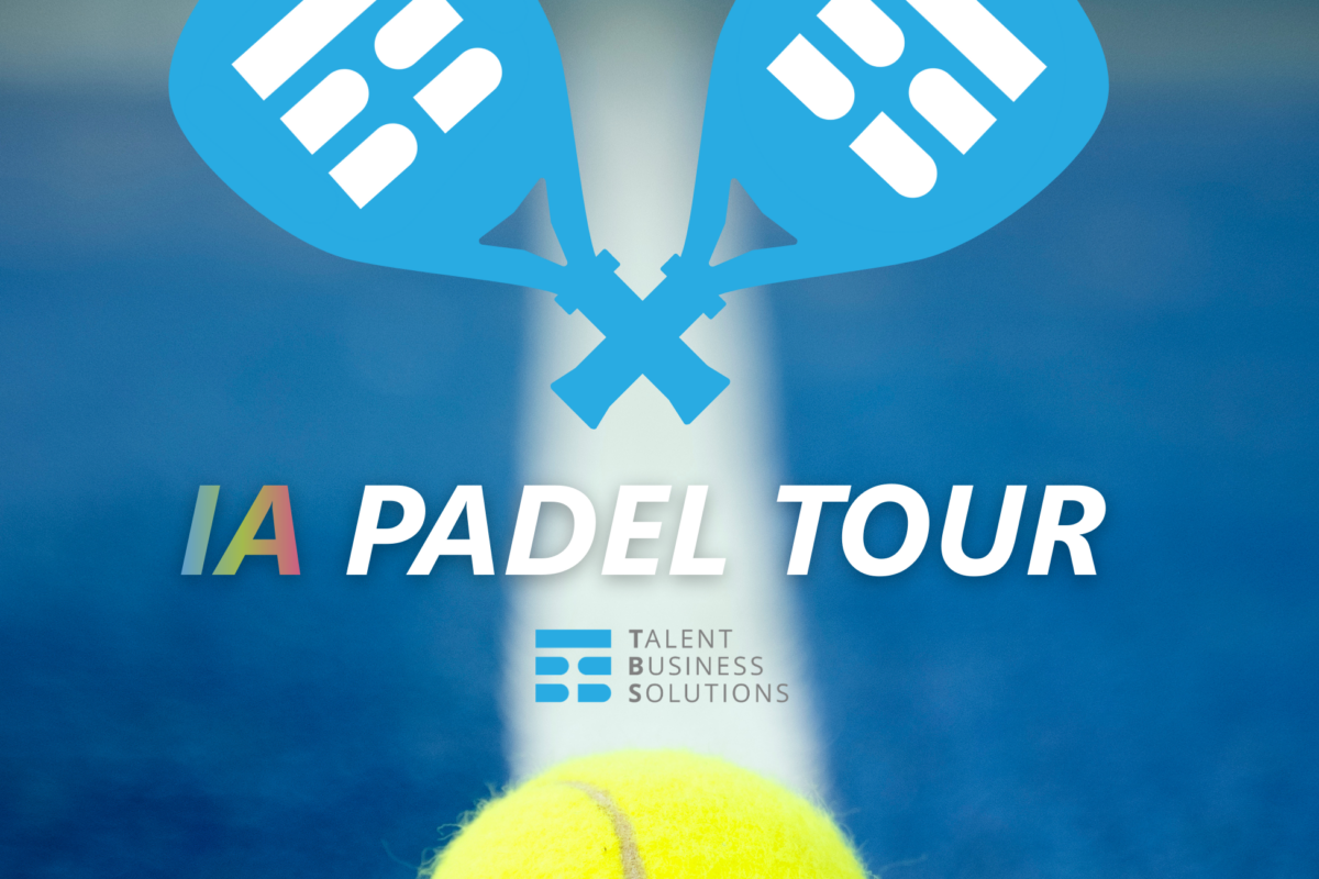 Illustration de l’IA Padel Tour by TBS avec des raquettes de padel bleues, une balle de padel et une référence à l’intelligence artificielle