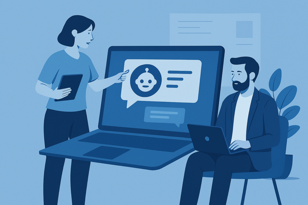 Illustration de deux professionnels collaborant autour d’un ordinateur affichant une interface d’agent IA.