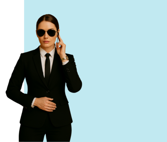 Femme en costume noir tenant une oreillette, debout sur un fond bleu clair, dans une posture d’agent secret.