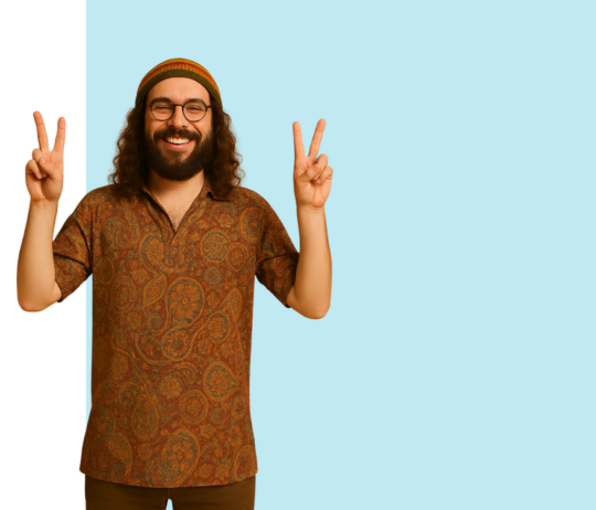 Personne debout faisant un signe de paix des deux mains devant un fond bicolore clair.