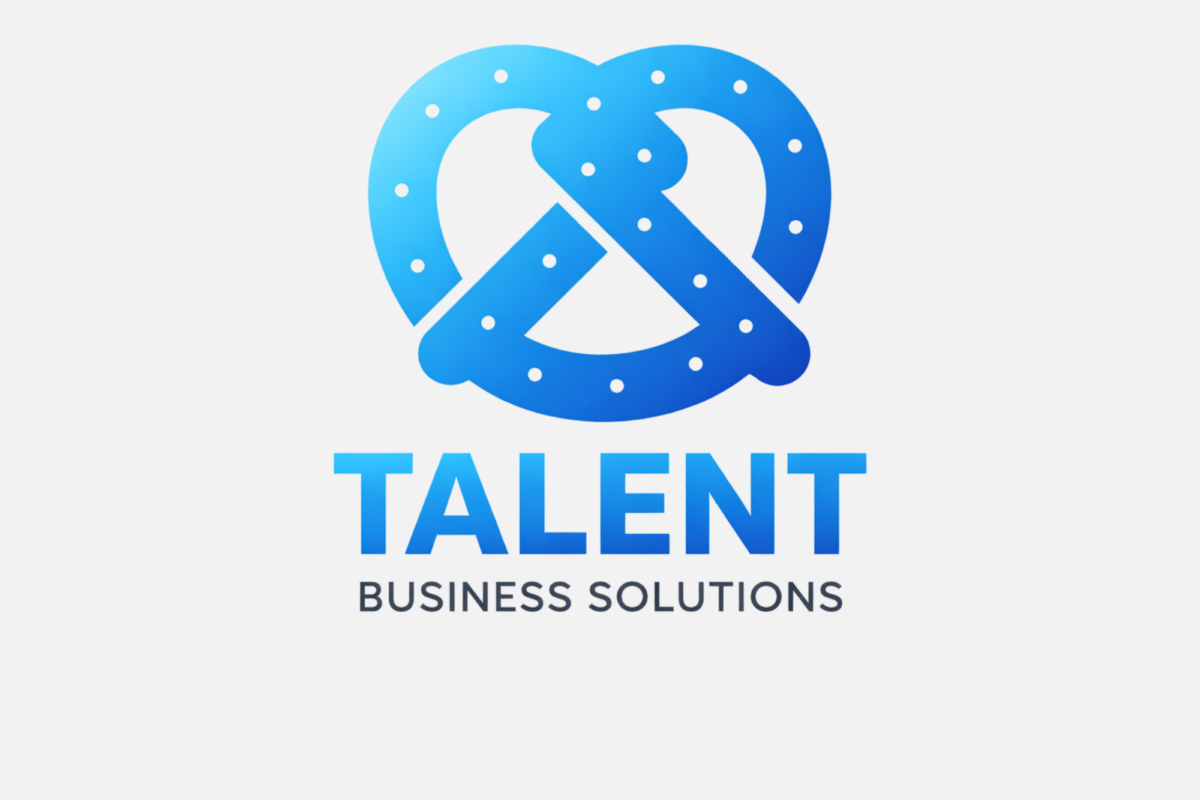 Logo bleu de Talent Business Solutions représentant un bretzel stylisé avec des points blancs, accompagné du nom « Talent Business Solutions ».