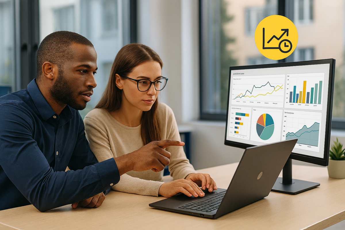 Équipe métier analysant des tableaux de bord Power BI pour prendre des décisions en temps réel à partir de données business.