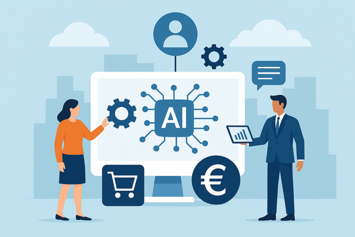 Illustration représentant l’intégration de l’intelligence artificielle dans les solutions métiers, avec des professionnels utilisant des outils numériques pour piloter les ventes, la finance et les processus d’entreprise.