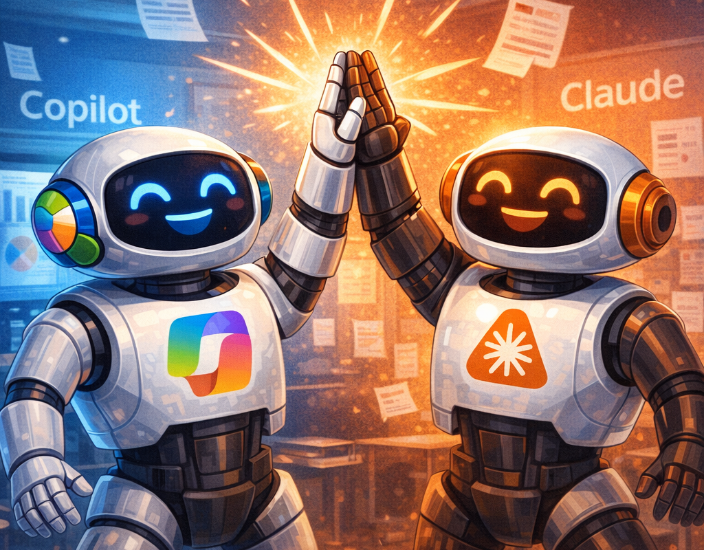 Illustration de Copilot et Claude représentés comme deux robots IA se tapant dans les mains, symbolisant la collaboration et l’arrivée du multi‑modèle dans Copilot.