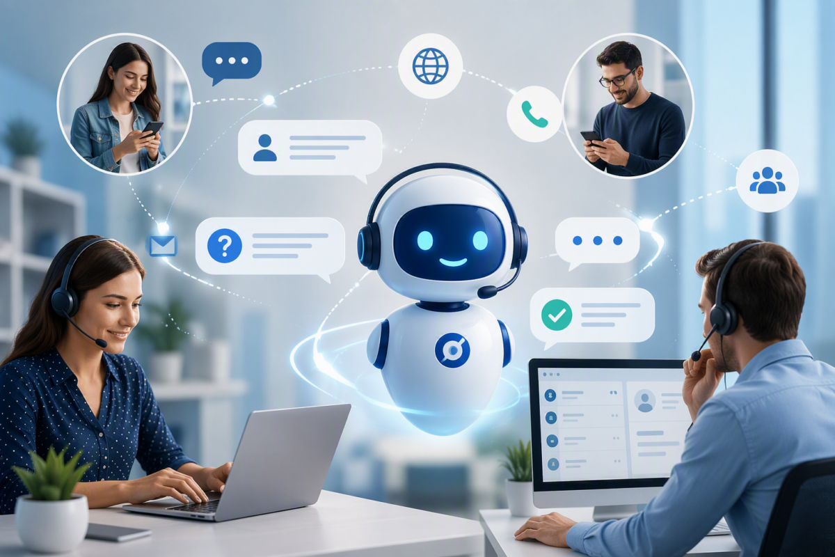 Illustration représentant un service client assisté par l’intelligence artificielle : un agent conversationnel intelligent interagit avec des clients et des conseillers via différents canaux de communication afin d’accélérer le traitement des demandes et améliorer l’expérience client.