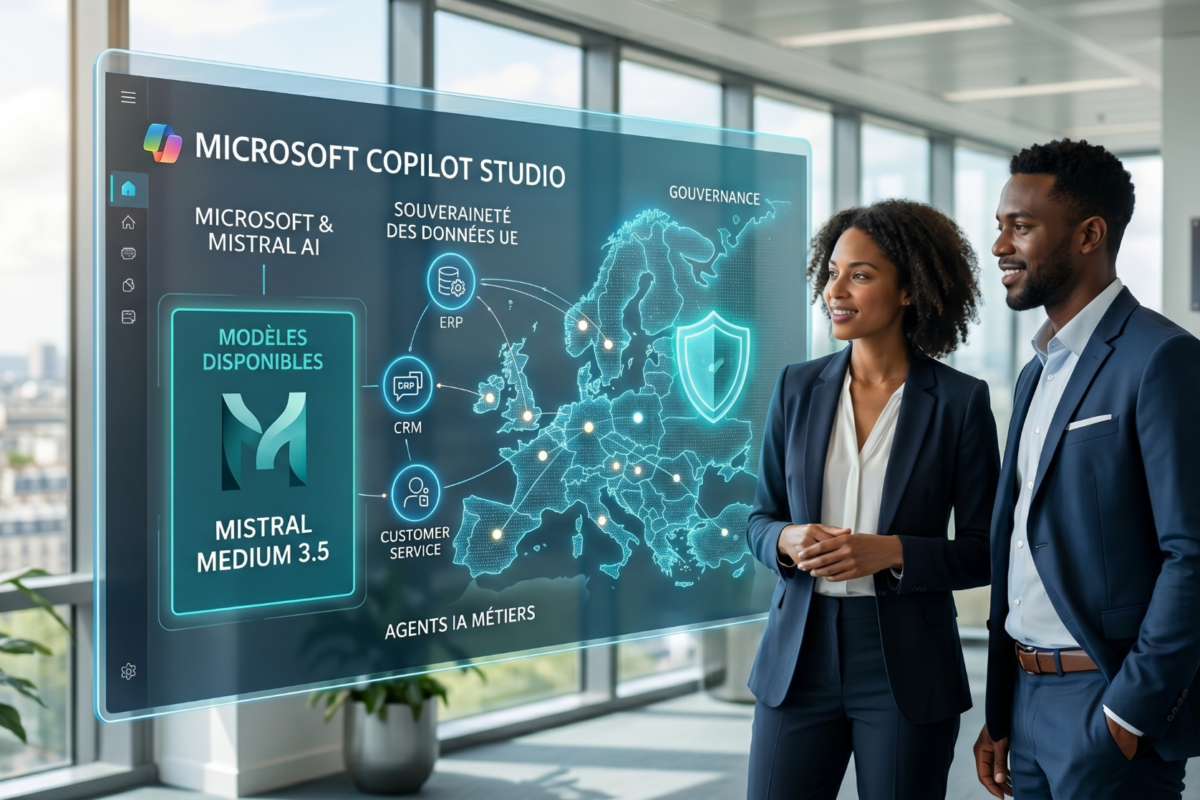 Interface Microsoft Copilot Studio affichant le modèle Mistral Medium 3.5 avec une carte de l’Europe, illustrant la souveraineté des données et l’IA en entreprise
