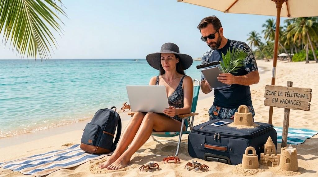Télétravail sur la plage avec ordinateur portable et valise, illustration des risques de cybersécurité pendant les vacances