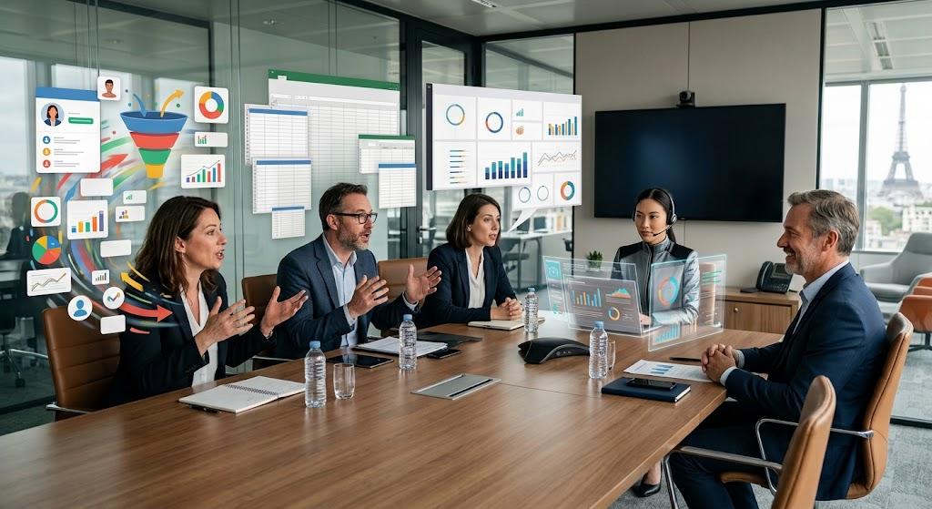 Équipe en réunion utilisant un CRM enrichi par l'intelligence artificielle pour analyser des données commerciales, visualiser des indicateurs de performance et prendre des décisions à partir de tableaux de bord interactifs.