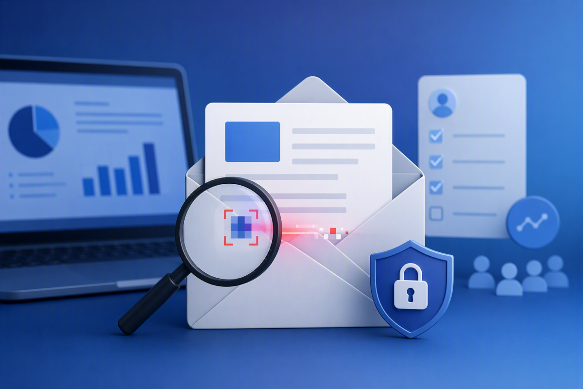 Illustration représentant le pixel tracking dans les emails : une enveloppe ouverte contenant un message, observée à travers une loupe mettant en évidence un pixel de suivi, avec un bouclier de sécurité, un ordinateur affichant des statistiques et des icônes de gestion des données en arrière-plan.