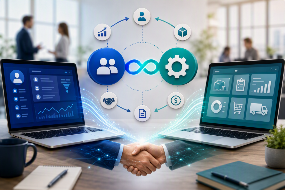 Illustration de l’intégration entre un CRM et un ERP permettant de connecter les données commerciales, financières et opérationnelles pour fluidifier les processus de l’entreprise.