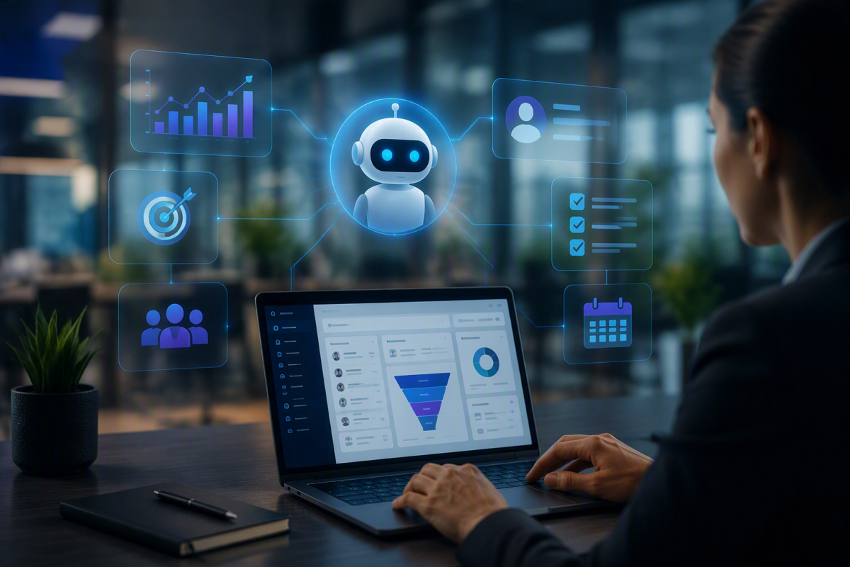 Illustration d’un environnement CRM intelligent connecté à l’IA, représentant l’automatisation des ventes et l’analyse des données clients avec Dynamics 365.