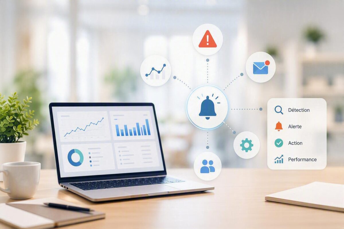 Ordinateur affichant des indicateurs de performance reliés à un système d’alertes automatiques permettant de détecter et traiter rapidement les événements importants.