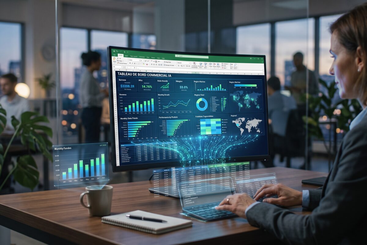 Analyse de données commerciales et tableau de bord prédictif avec intelligence artificielle sur écran d'ordinateur.
