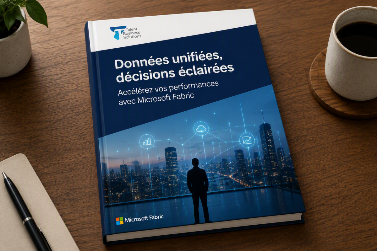 Bannière promotionnelle Microsoft Azure sur fond vert clair présentant Microsoft Fabric. Le visuel met en avant l’unification des données pour accélérer la transformation IA des entreprises. Quatre icônes illustrent les bénéfices de la plateforme : réduction des silos de données, accélération du time-to-value grâce à l’IA intégrée, sécurisation des données à grande échelle et exemples concrets de transformation par la donnée et l’intelligence artificielle.