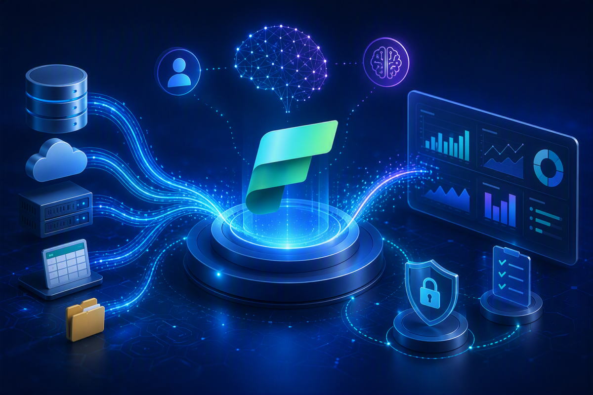 Illustration de Microsoft Fabric centralisant différentes sources de données afin d’alimenter des usages d’intelligence artificielle, d’analyse décisionnelle et de gouvernance des données.