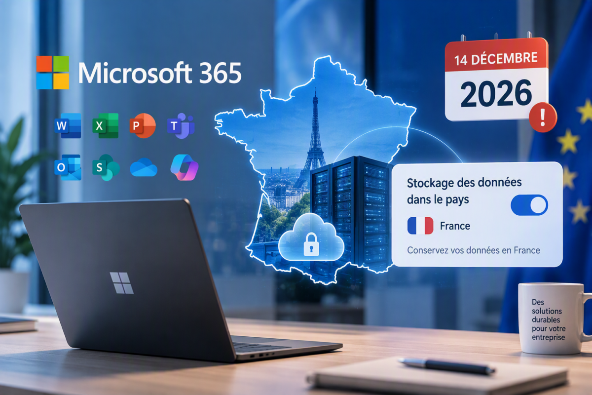 Administrateur Microsoft 365 vérifiant les paramètres de stockage des données pour conserver un hébergement en France.