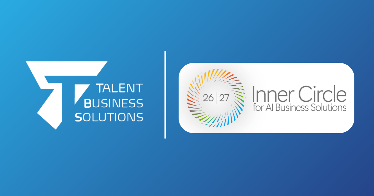 Logo Talent Business Solutions associé au logo Microsoft AI Business Solutions Inner Circle 2026-2027 sur fond dégradé bleu, illustrant l’intégration de TBS parmi les partenaires Microsoft reconnus à l’échelle mondiale.